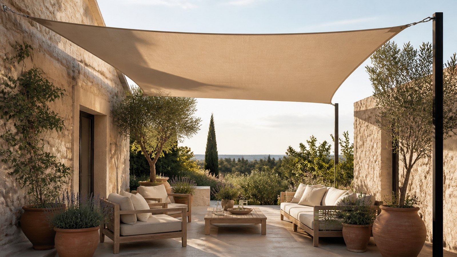 Grande voile d’ombrage rectangulaire en HDPE sur une terrasse